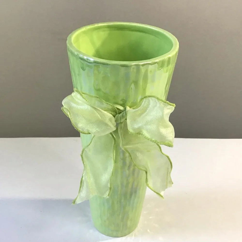 Vintage Green Iridescent Vase With Holes For Bow 10” Tall Textured Shiny Skinny - Picture 2 of 7